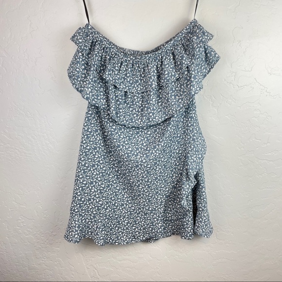 Forever 21 Floral Printed Strapless Ruffle Mini Dress in‎ Blue Faux Wrap Front M - Picture 2 of 8